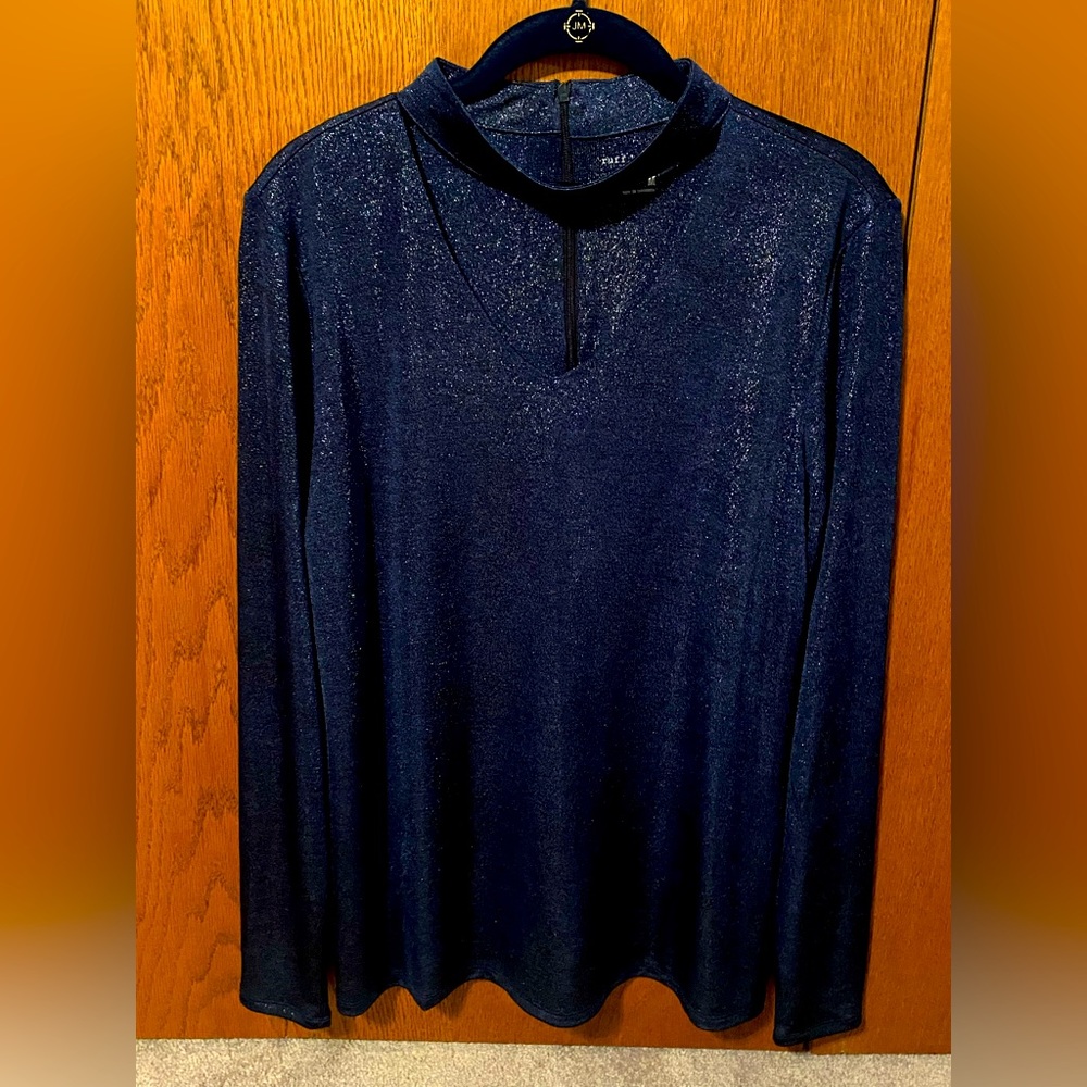 V-neck Choker Top with Long Sleeves Midnight Blue Shimmer Size M